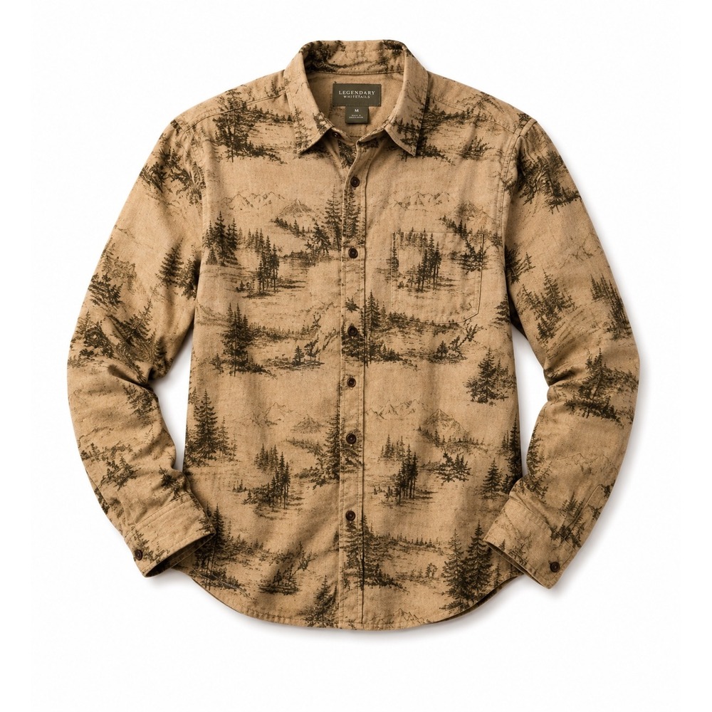 Woolrich Shirt Mens L Tan Barley Scenic Elk Deer Print Cotton Button Down 6579